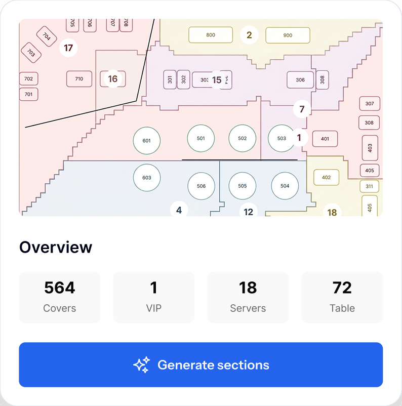 Moreplan floorplan overview — 564 covers, 1 VIP, 18 servers, 72 tables, with a Generate sections action