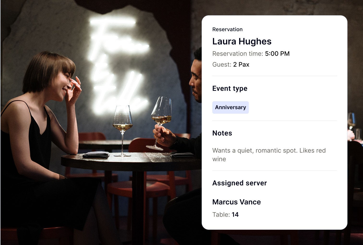 A reservation card showing guest notes and the assigned server, over a couple dining