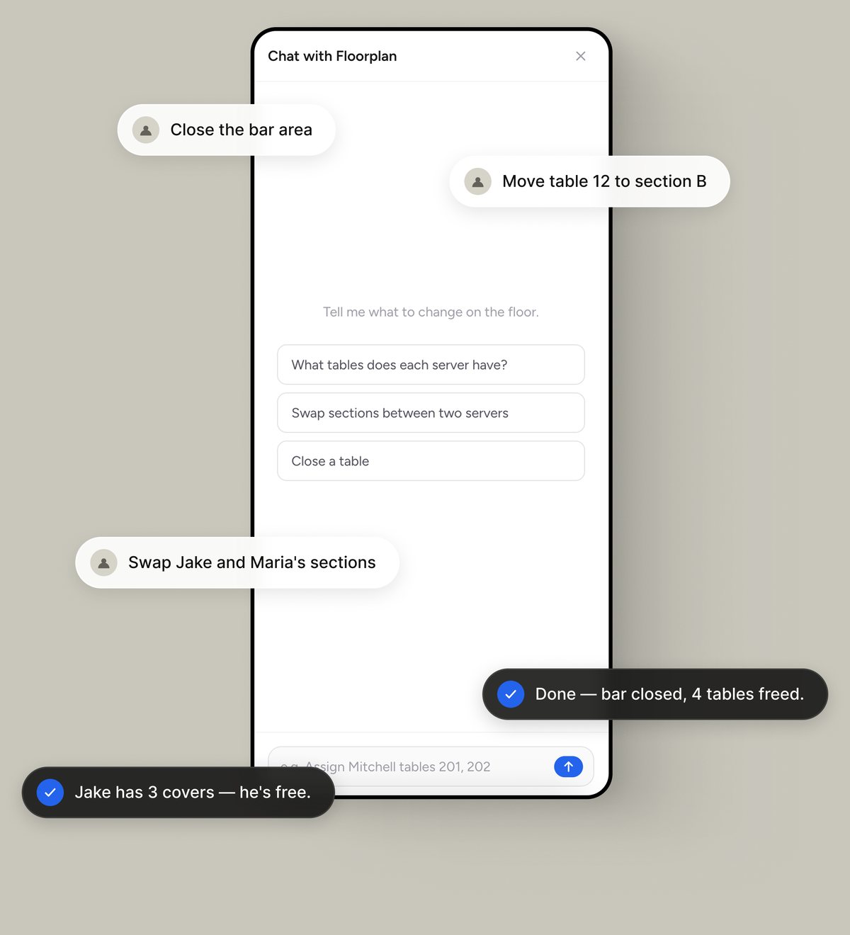 Moreplan GPT: plain-language requests like “Close the bar area” answered on a phone mid-service